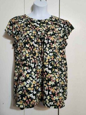 Haptics Holly Harper Floral Top 2X Plus Black Yellow Daisy Flutter Sleeve Blouse